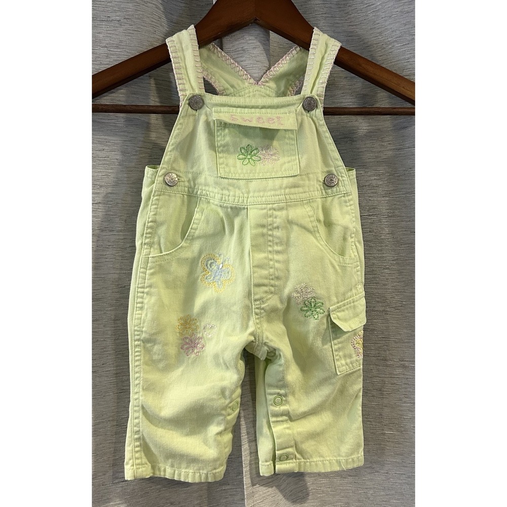 Vintage Lime Green Floral Embroidered Overalls Size 3-6 Months Y2K